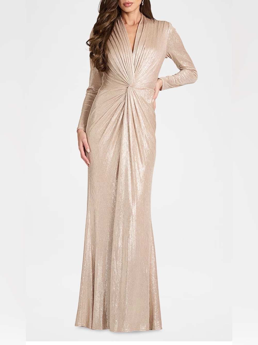 Tadashi Shoji Twist-Front Metallic Jersey Column Gown Pebble NWT